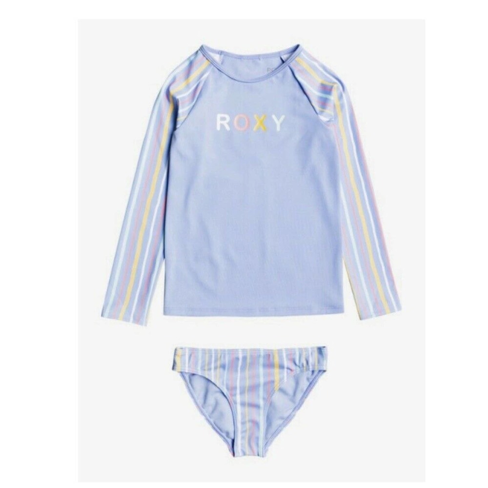 Roxy Girl Stripy Wave Long Sleeve Rashguard Lavender Set Swimsuit Size 2